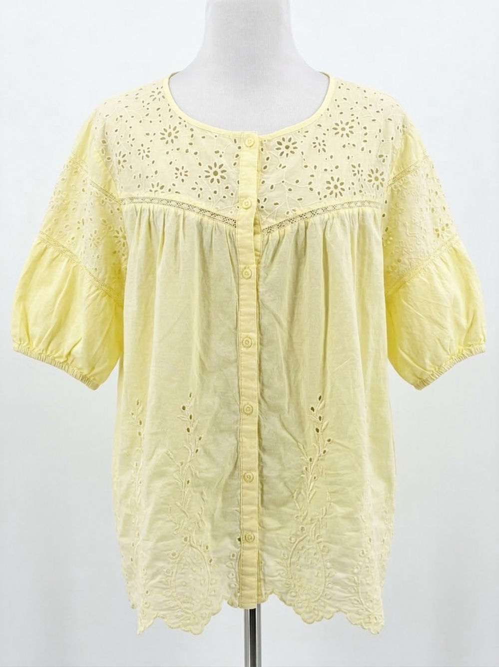 LIV LOS ANGELES Pastel Butter Yellow Eyelet Cotton Peasant Blouse 3X Plus Size
